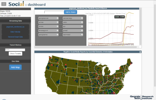 SocialAI Dashboard - Data fusion of electric grid data and tweet reports from individuals during the 2014 Atlanta #Snowpocalypse. Using the dashboard stakeholders can identify areas where on the map new incidents are occurring e.g. new power outages or where new shelters may be best to open.